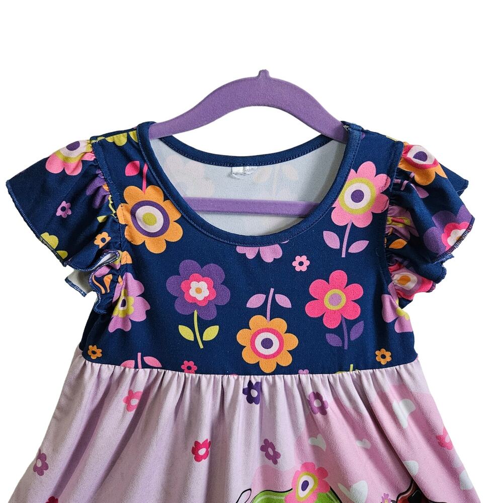 Girls Size M Floral Turtle Print Casual Dress Pink Blue Whimsical Princess Fairy - Picture 2 of 5